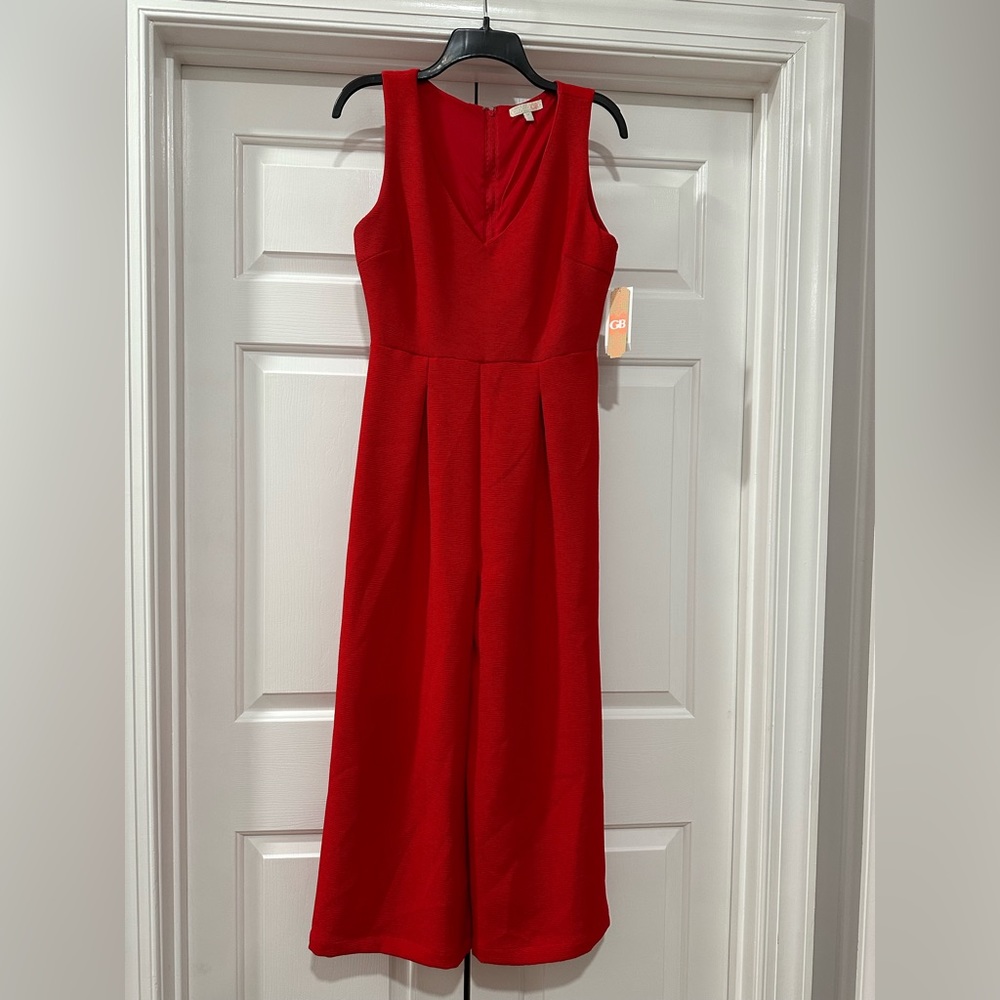 Red V neck, crop, wide leg jumpsuit